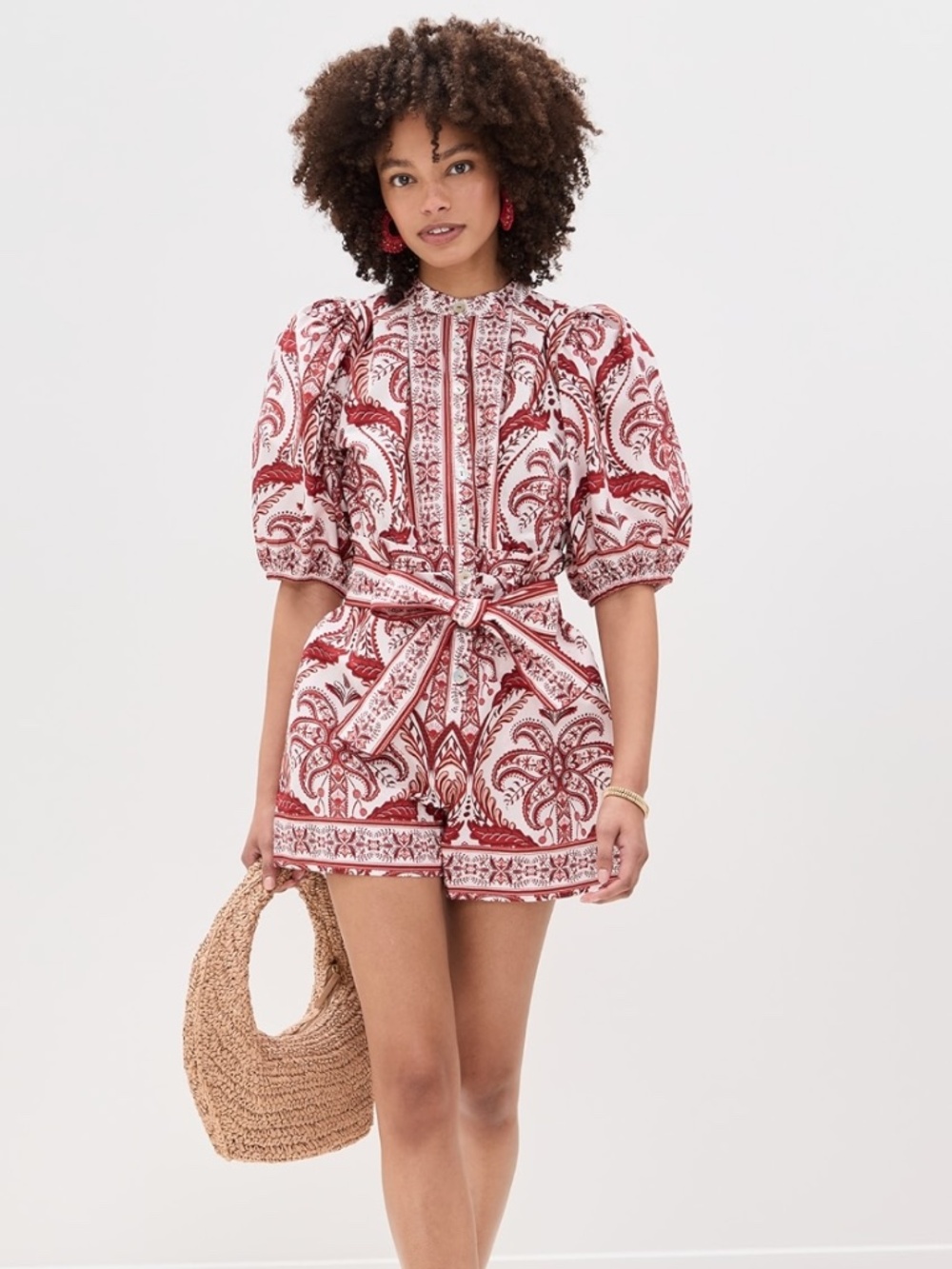 Farm Rio Tropical Cameo Off White Red Cotton Romper XS NEW Summer Puff Sleeves